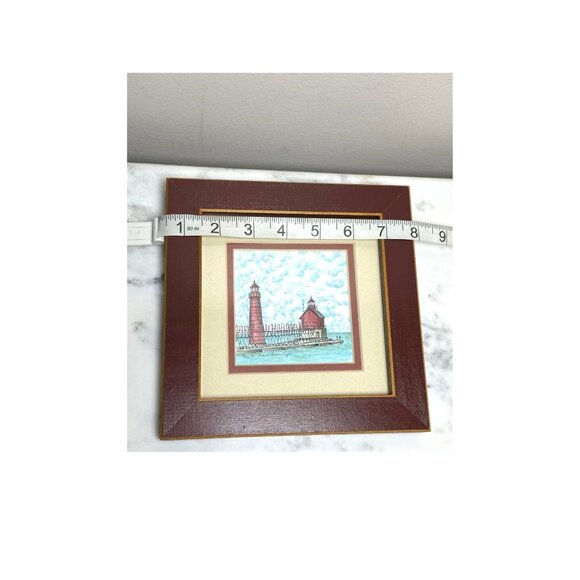 Grand Haven Michigan Pierhead Lighthouse Print Framed Artwork 5"x5" Signed Mpre - Picture 4 of 6
